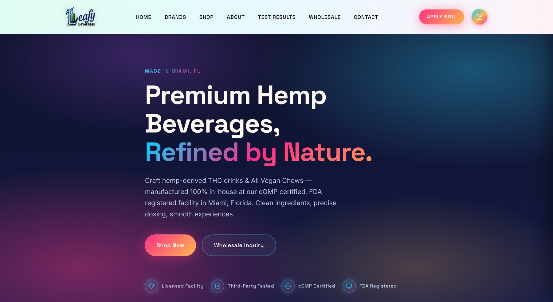 Leafy Beverages — custom Shopify theme, THC beverages, Miami